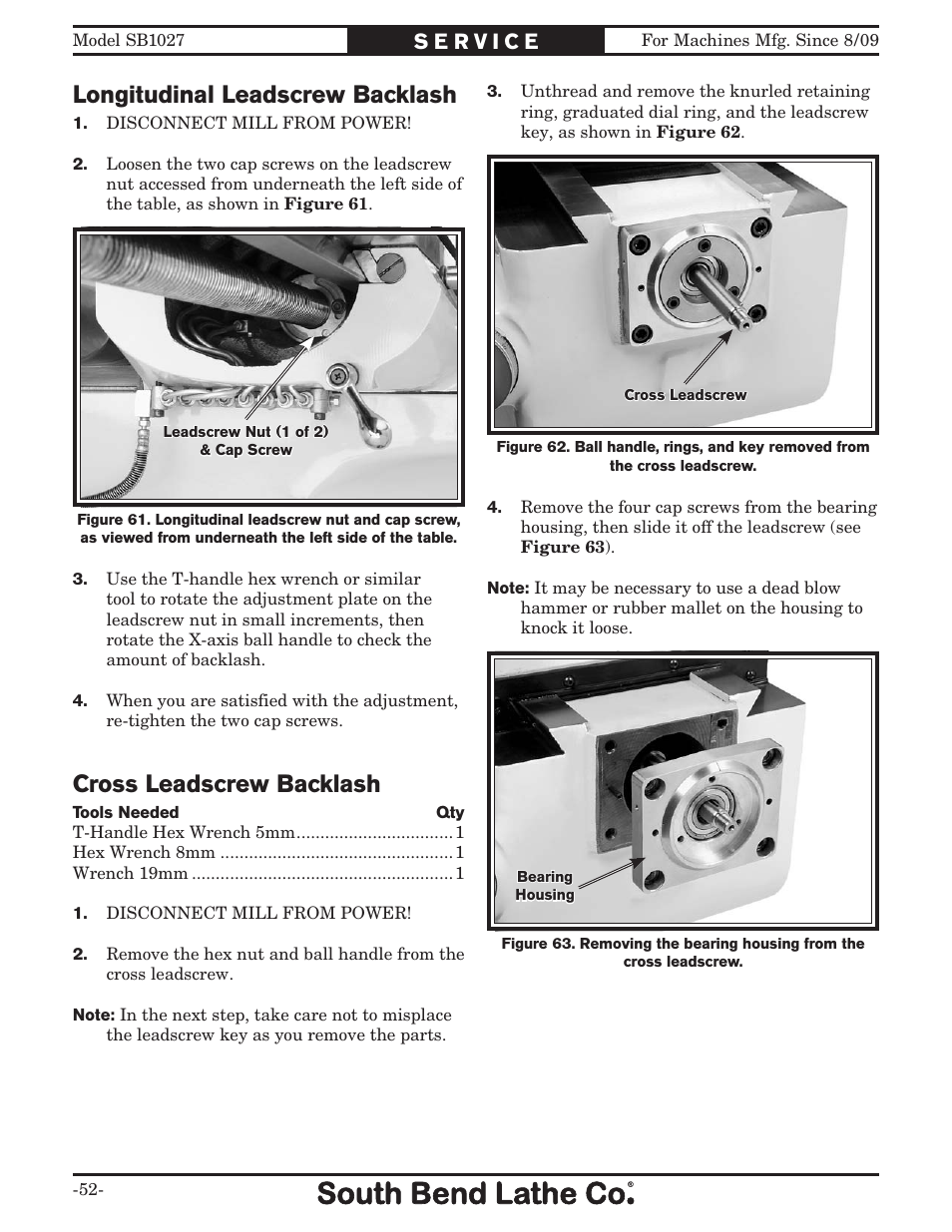 Cross leadscrew backlash, Longitudinal leadscrew backlash | Southbend South Bend SB1027 User Manual | Page 54 / 84