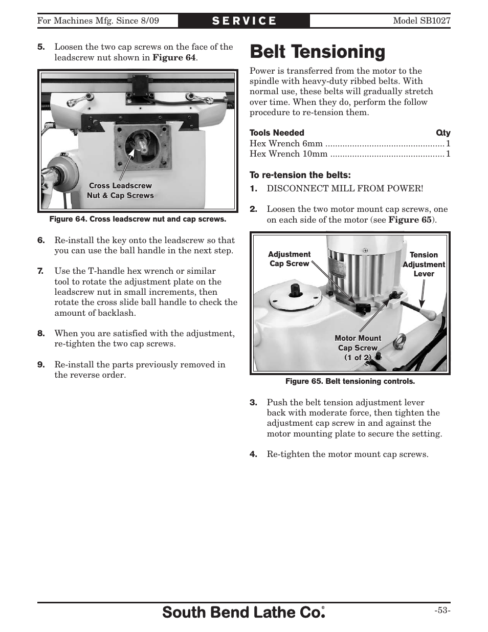 Belt tensioning | Southbend South Bend SB1027 User Manual | Page 55 / 84