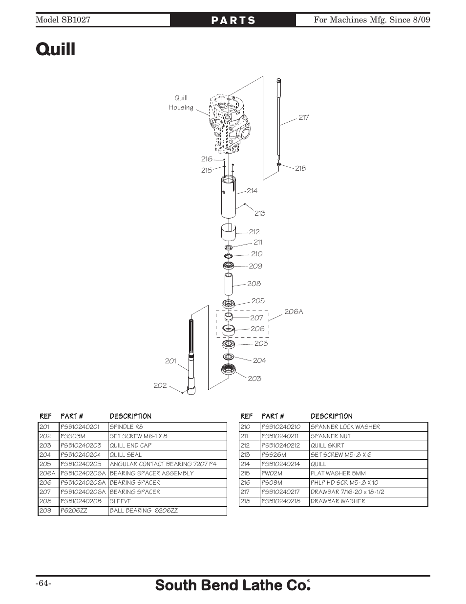 Quill | Southbend South Bend SB1027 User Manual | Page 66 / 84