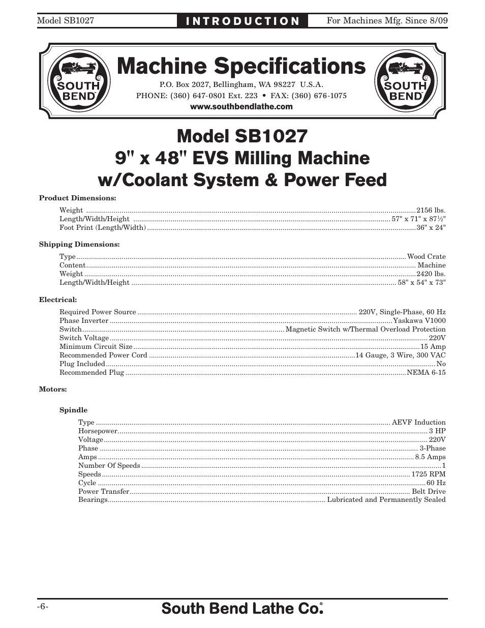 Machine specifications | Southbend South Bend SB1027 User Manual | Page 8 / 84