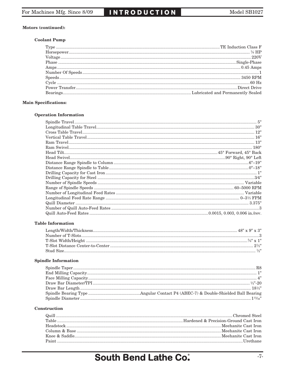 Southbend South Bend SB1027 User Manual | Page 9 / 84