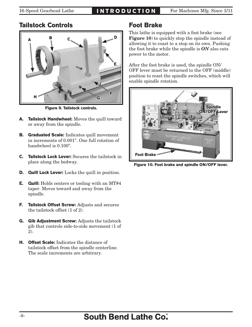 Foot brake, Tailstock controls | Southbend South Bend 16 SPEED GEARHEAD LATHE SB1053 User Manual | Page 10 / 136