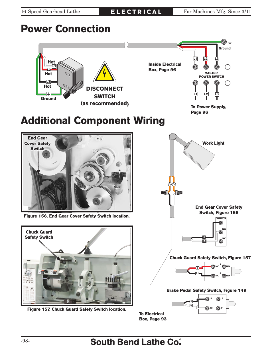 Additional component wiring, Power connection, Disconnect switch (as recommended) | Additional com- ponent | Southbend South Bend 16 SPEED GEARHEAD LATHE SB1053 User Manual | Page 100 / 136