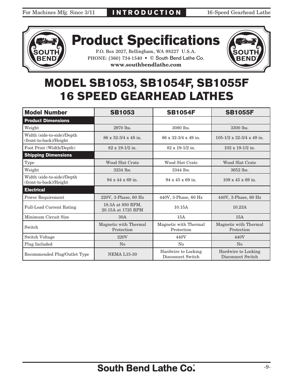 Product speciﬁcations | Southbend South Bend 16 SPEED GEARHEAD LATHE SB1053 User Manual | Page 11 / 136