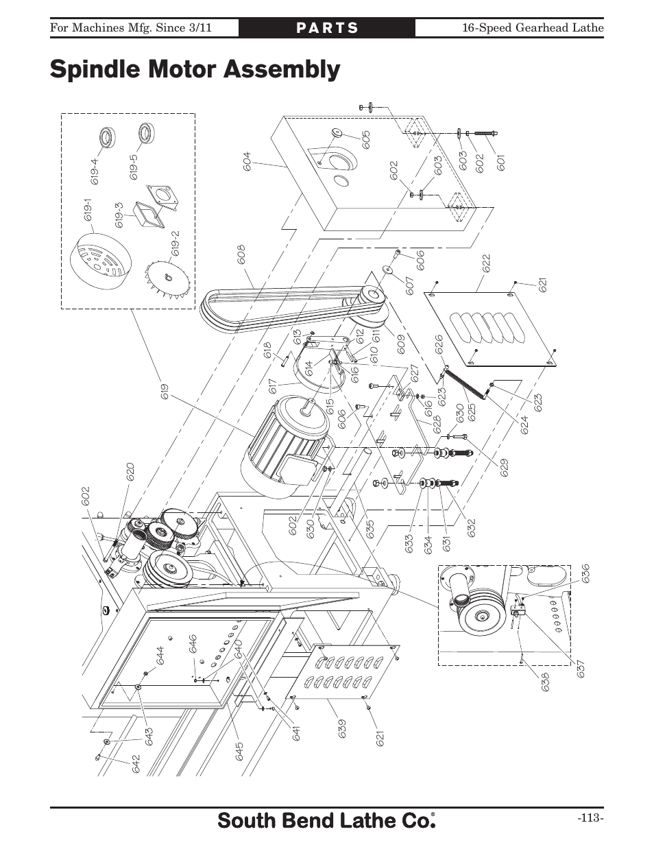 Spindle motor assembly | Southbend South Bend 16 SPEED GEARHEAD LATHE SB1053 User Manual | Page 115 / 136