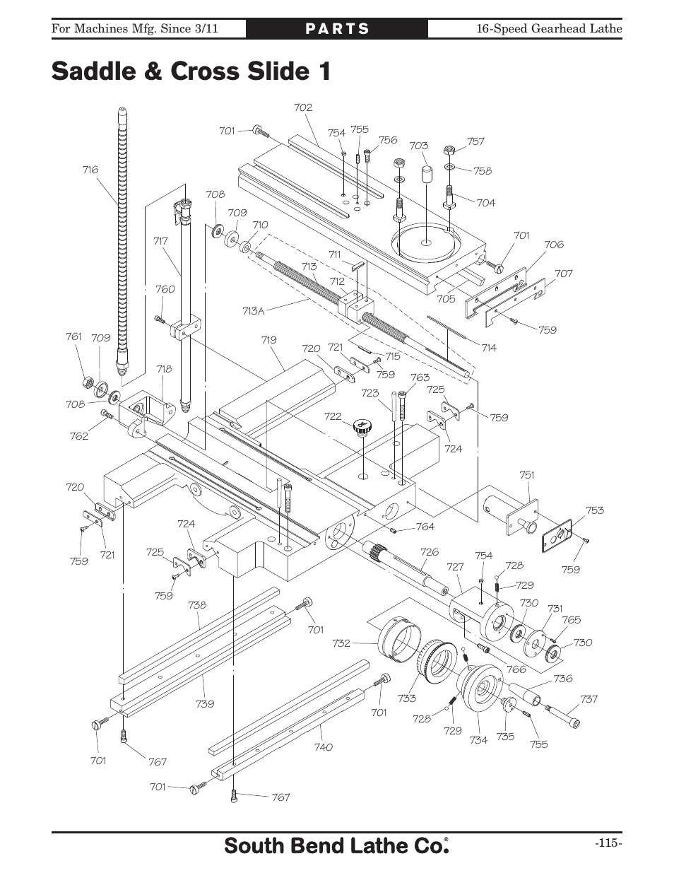 Saddle & cross slide 1 | Southbend South Bend 16 SPEED GEARHEAD LATHE SB1053 User Manual | Page 117 / 136