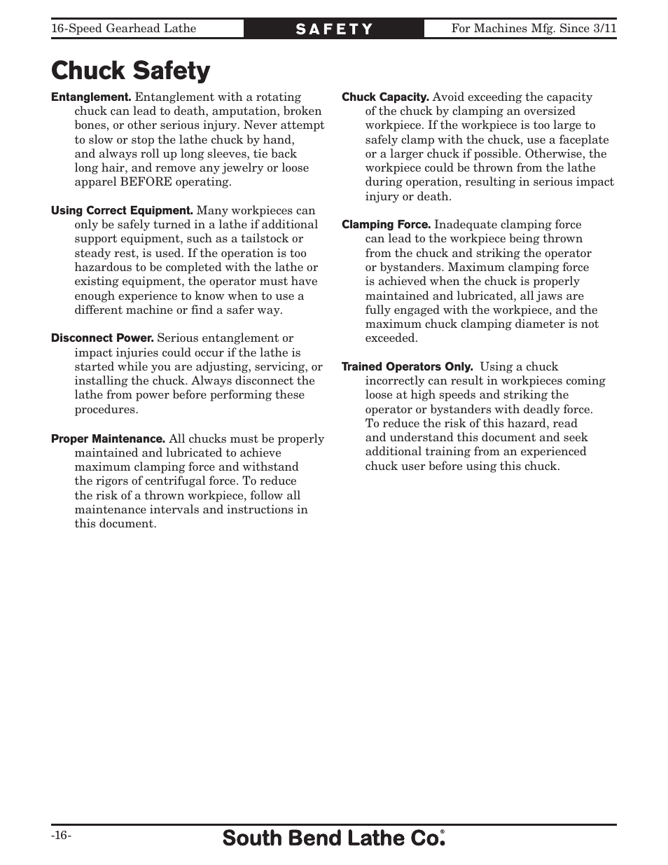 Chuck safety | Southbend South Bend 16 SPEED GEARHEAD LATHE SB1053 User Manual | Page 18 / 136