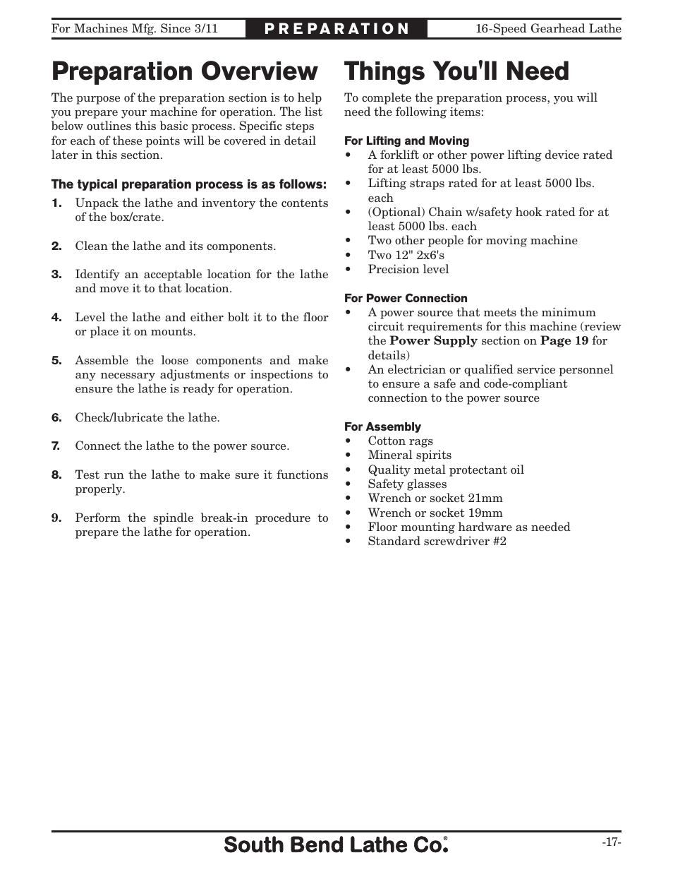 Preparation overview things you'll need | Southbend South Bend 16 SPEED GEARHEAD LATHE SB1053 User Manual | Page 19 / 136