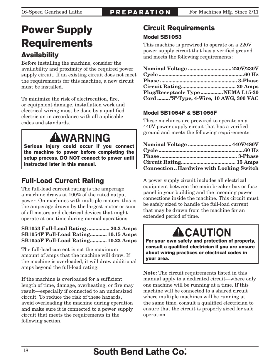 Power supply requirements, Availability, Full-load current rating | Circuit requirements | Southbend South Bend 16 SPEED GEARHEAD LATHE SB1053 User Manual | Page 20 / 136