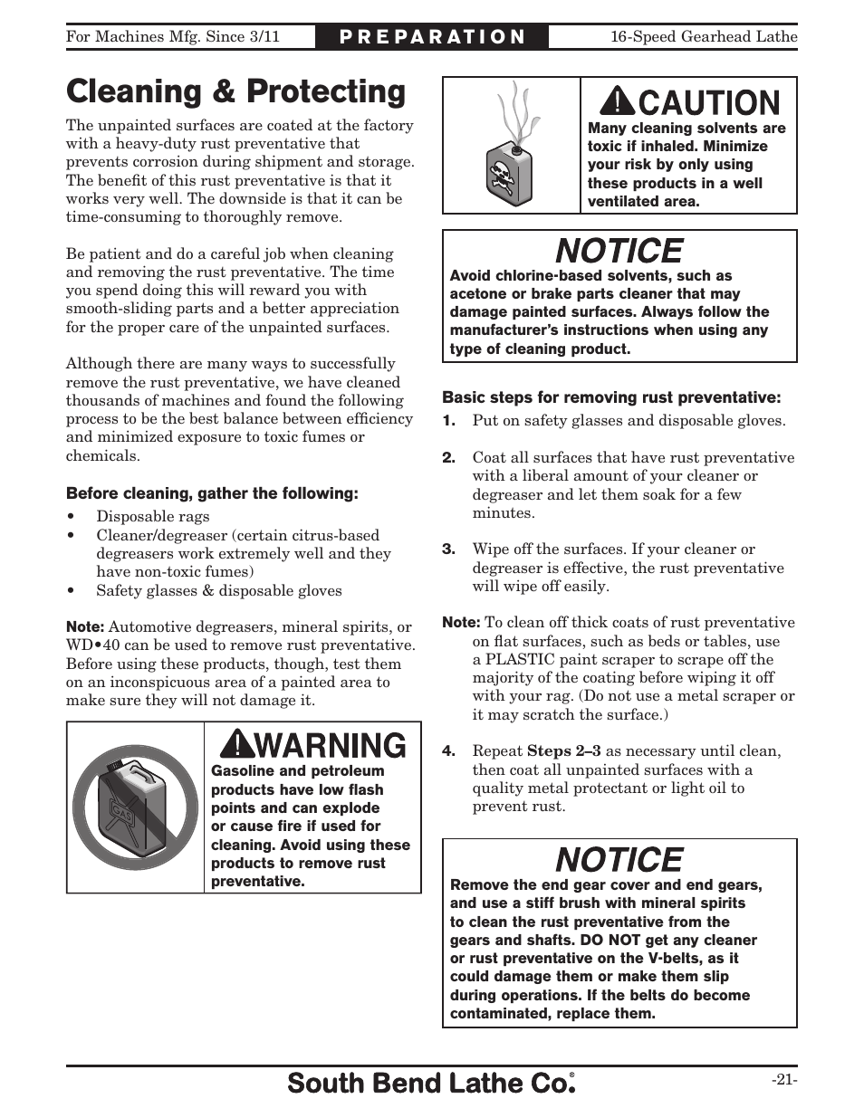 Cleaning & protecting | Southbend South Bend 16 SPEED GEARHEAD LATHE SB1053 User Manual | Page 23 / 136