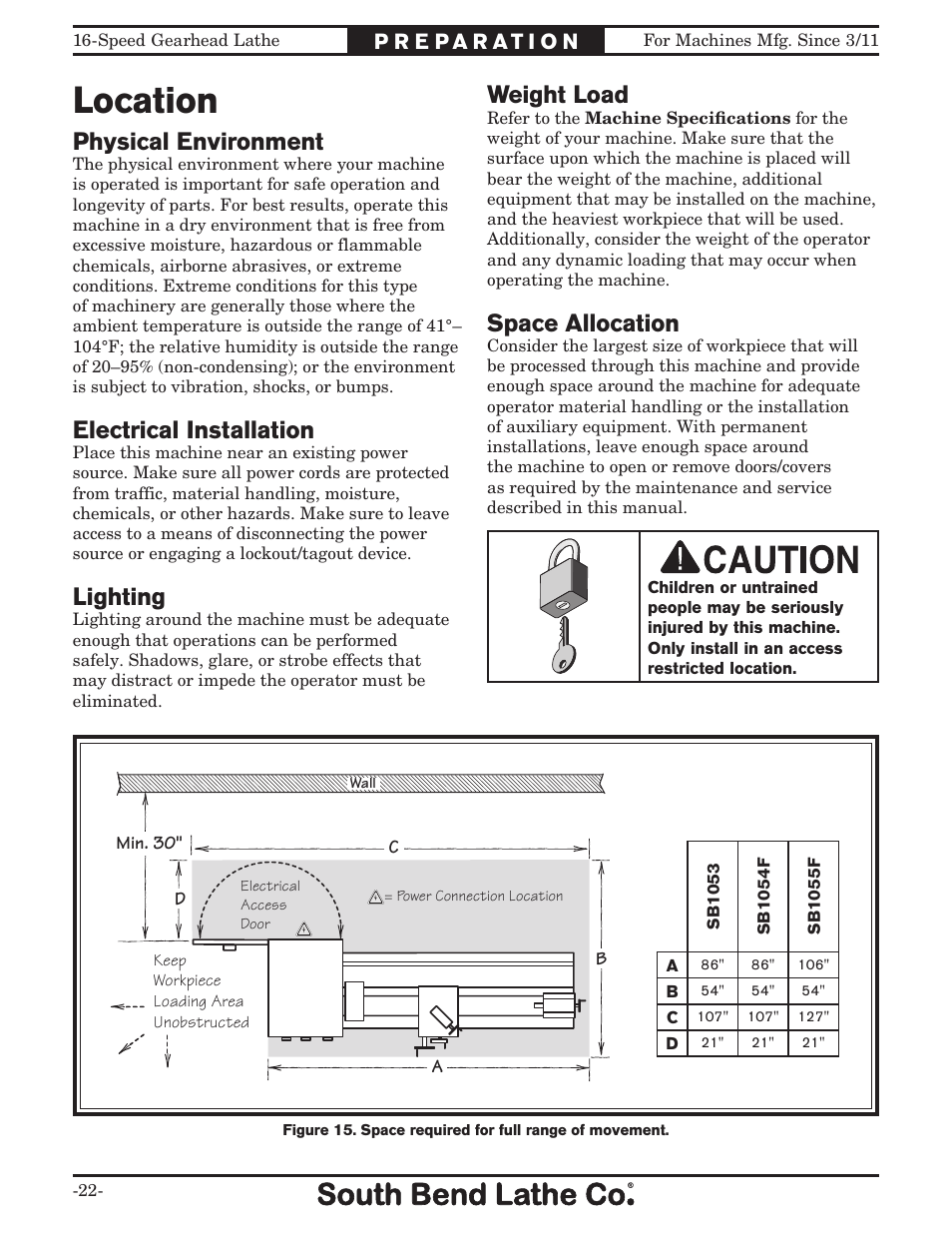 Location, Space allocation, Physical environment | Electrical installation, Lighting | Southbend South Bend 16 SPEED GEARHEAD LATHE SB1053 User Manual | Page 24 / 136