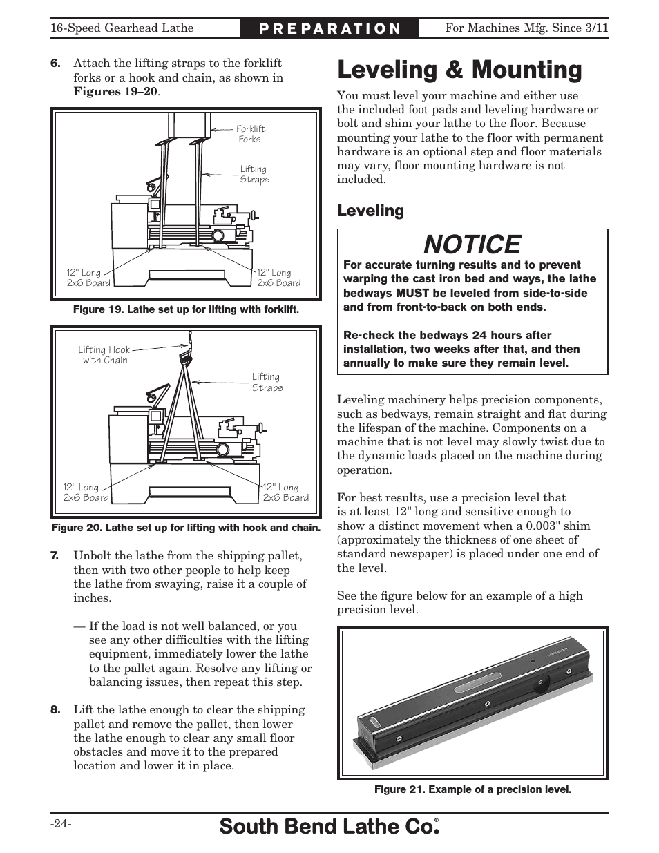 Leveling & mounting, Leveling | Southbend South Bend 16 SPEED GEARHEAD LATHE SB1053 User Manual | Page 26 / 136