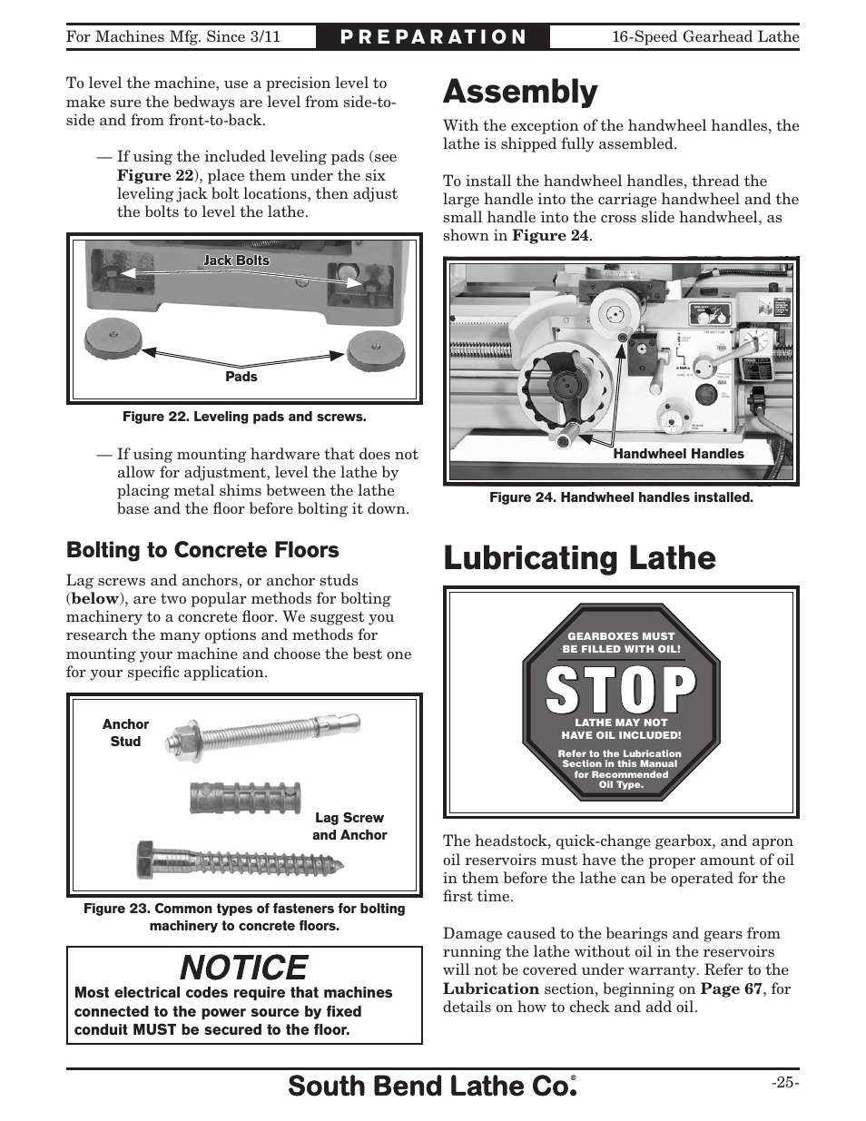 Assembly, Lubricating lathe, Bolting to concrete floors | Southbend South Bend 16 SPEED GEARHEAD LATHE SB1053 User Manual | Page 27 / 136