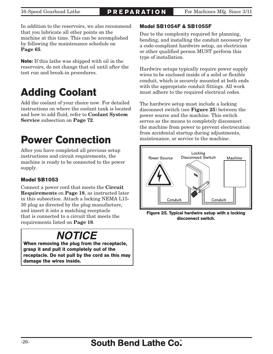 Power connection adding coolant | Southbend South Bend 16 SPEED GEARHEAD LATHE SB1053 User Manual | Page 28 / 136