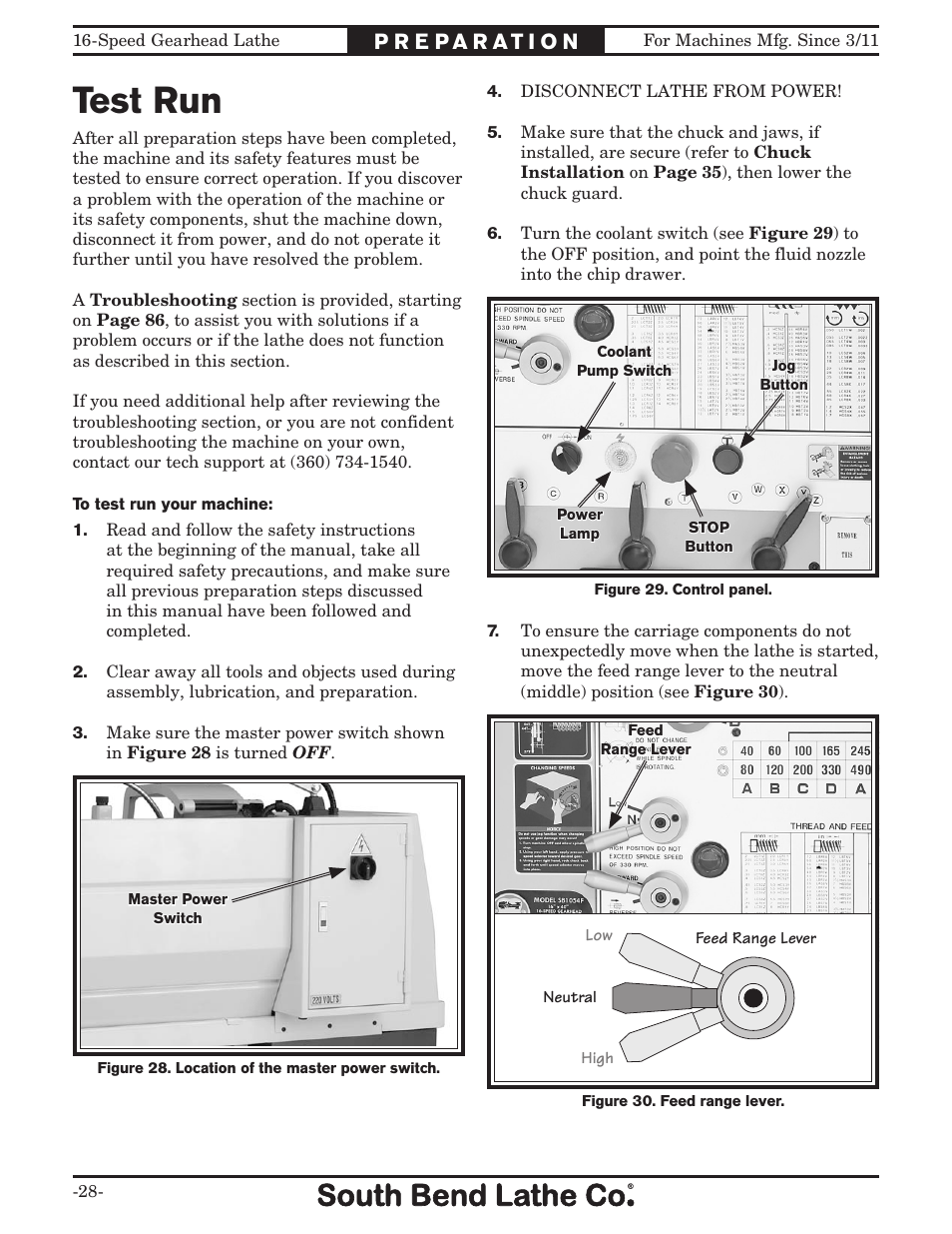 Test run | Southbend South Bend 16 SPEED GEARHEAD LATHE SB1053 User Manual | Page 30 / 136