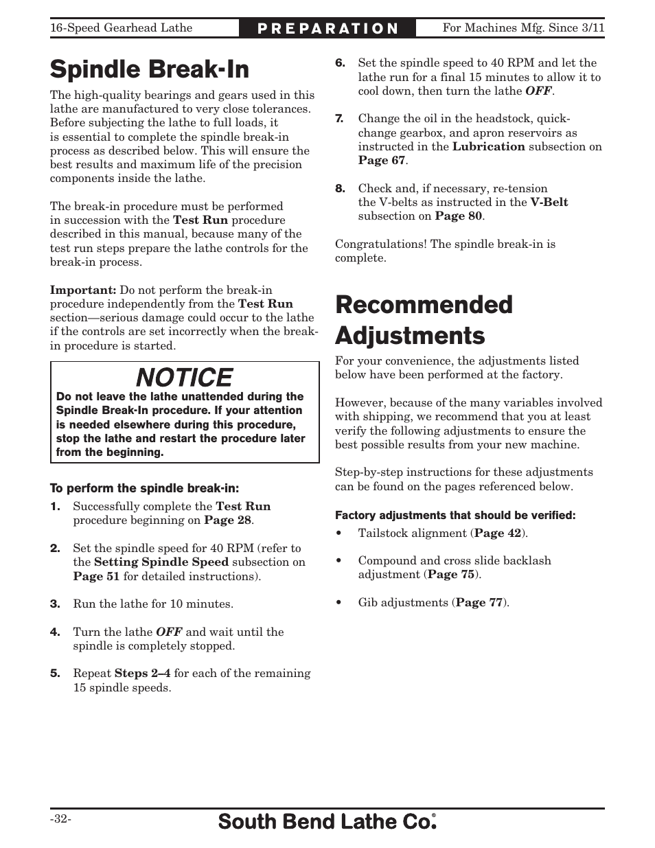 Spindle break-in, Recommended adjustments | Southbend South Bend 16 SPEED GEARHEAD LATHE SB1053 User Manual | Page 34 / 136