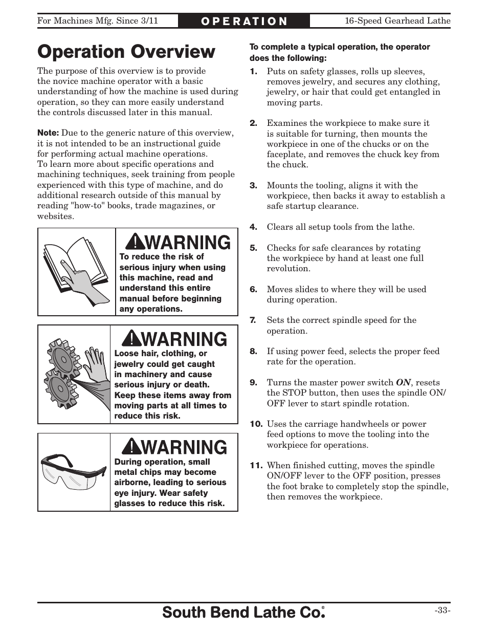 Operation overview | Southbend South Bend 16 SPEED GEARHEAD LATHE SB1053 User Manual | Page 35 / 136