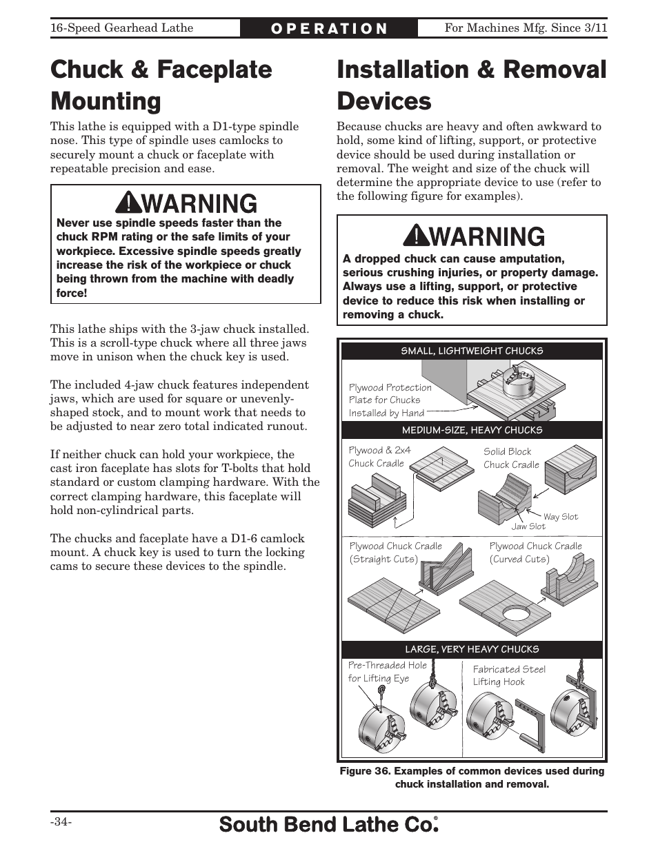 Chuck & faceplate mounting, Installation & removal devices | Southbend South Bend 16 SPEED GEARHEAD LATHE SB1053 User Manual | Page 36 / 136