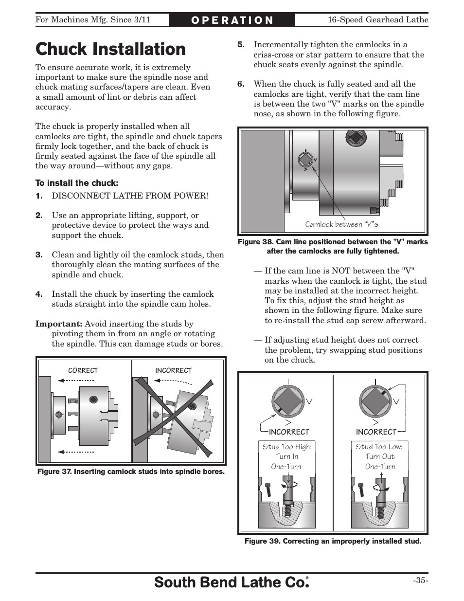 Chuck installation | Southbend South Bend 16 SPEED GEARHEAD LATHE SB1053 User Manual | Page 37 / 136