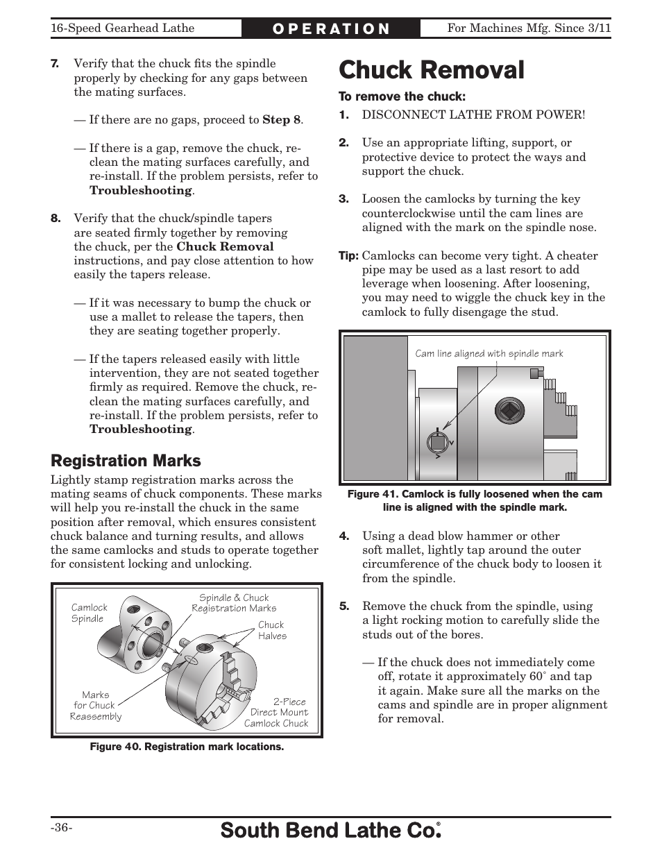 Chuck removal, Registration marks | Southbend South Bend 16 SPEED GEARHEAD LATHE SB1053 User Manual | Page 38 / 136