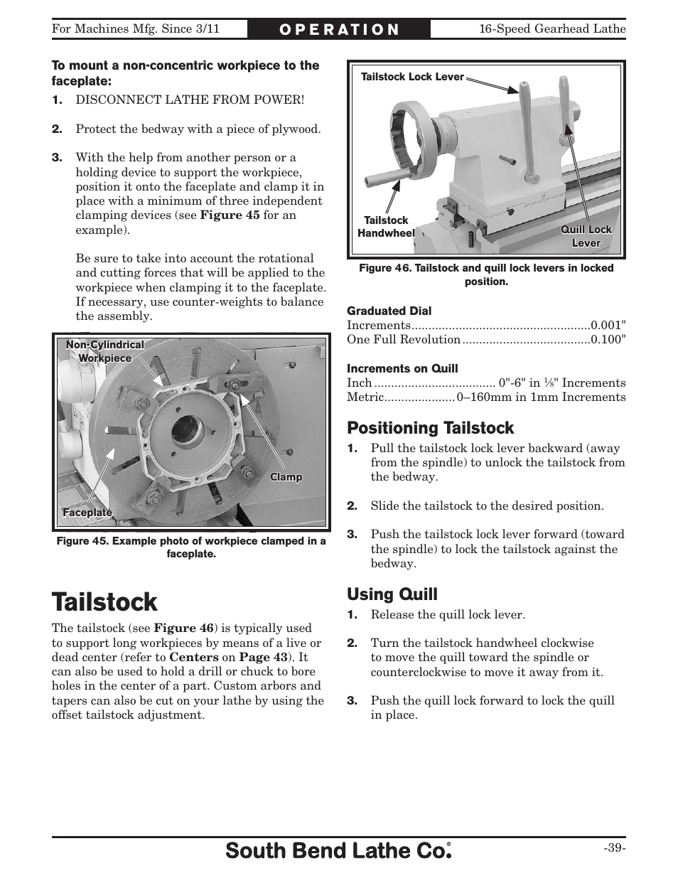 Tailstock, Positioning tailstock, Using quill | Southbend South Bend 16 SPEED GEARHEAD LATHE SB1053 User Manual | Page 41 / 136