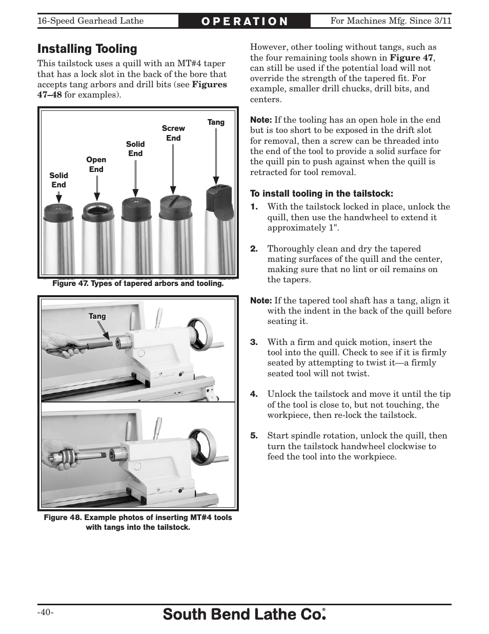 Installing tooling | Southbend South Bend 16 SPEED GEARHEAD LATHE SB1053 User Manual | Page 42 / 136