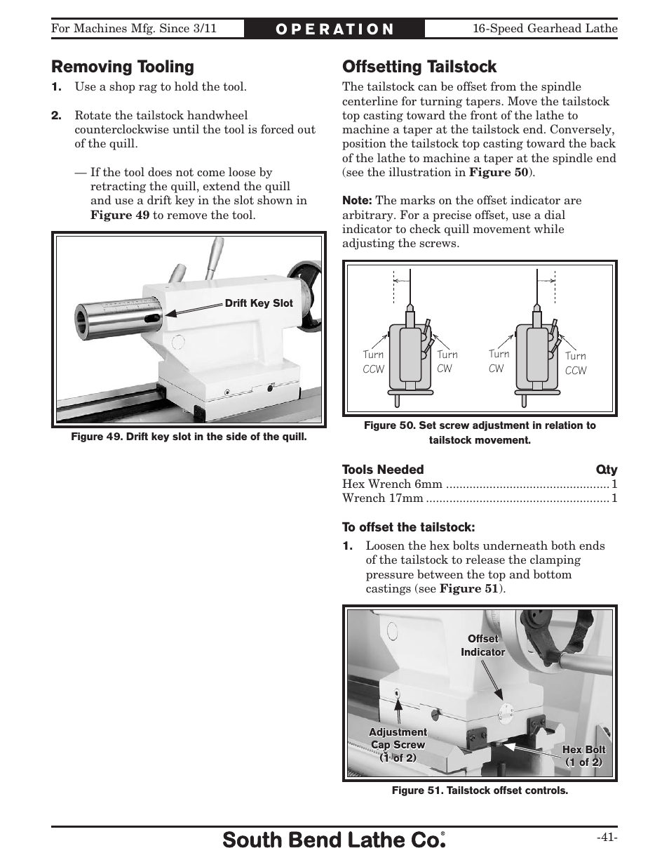 Removing tooling, Offsetting tailstock | Southbend South Bend 16 SPEED GEARHEAD LATHE SB1053 User Manual | Page 43 / 136