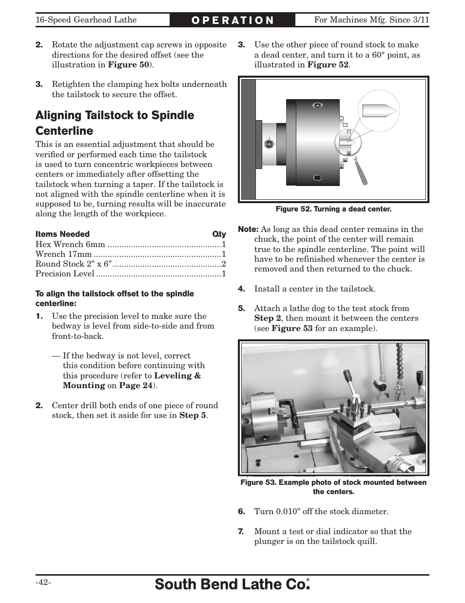 Aligning tailstock to spindle centerline | Southbend South Bend 16 SPEED GEARHEAD LATHE SB1053 User Manual | Page 44 / 136