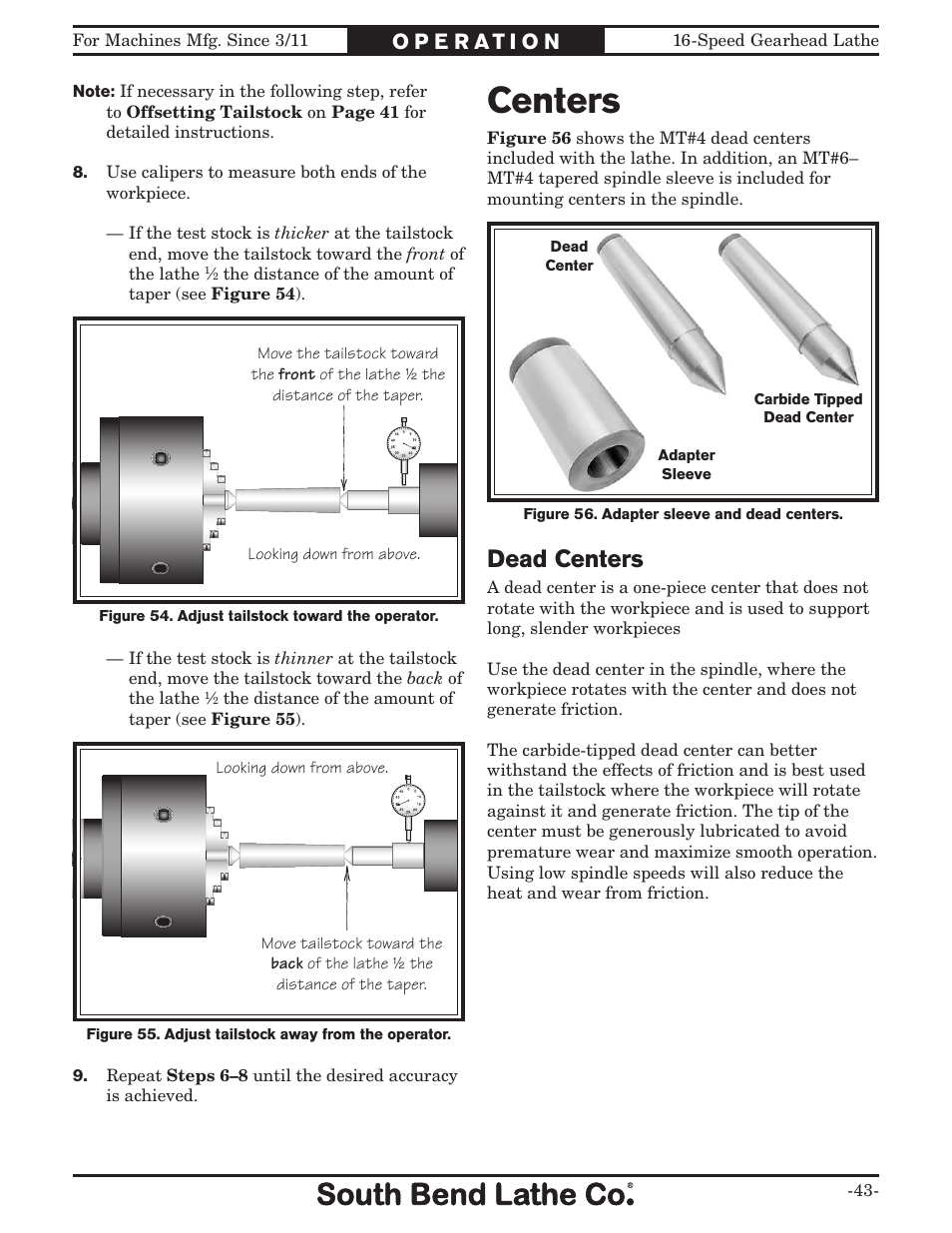 Centers, Dead centers | Southbend South Bend 16 SPEED GEARHEAD LATHE SB1053 User Manual | Page 45 / 136