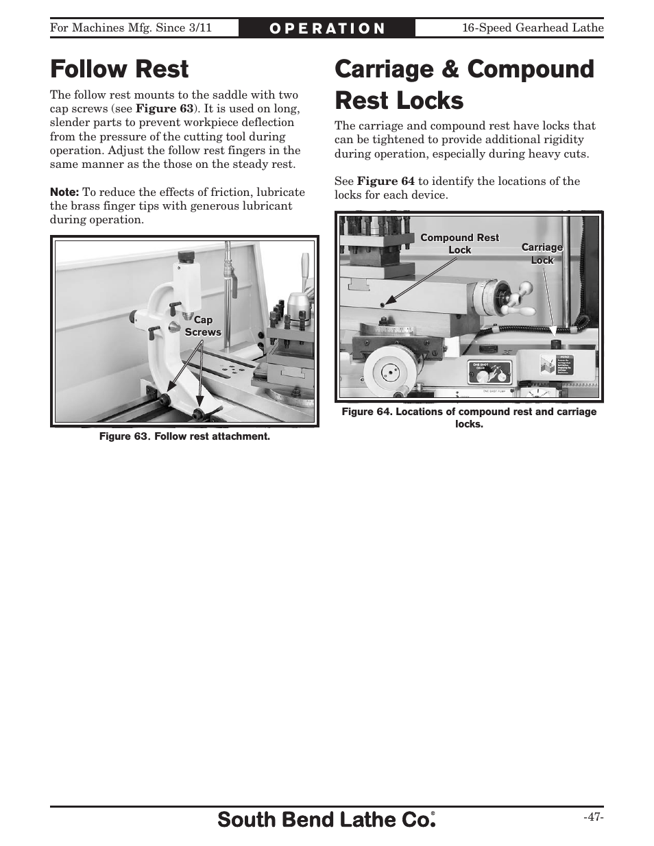 Follow rest, Carriage & compound rest locks | Southbend South Bend 16 SPEED GEARHEAD LATHE SB1053 User Manual | Page 49 / 136