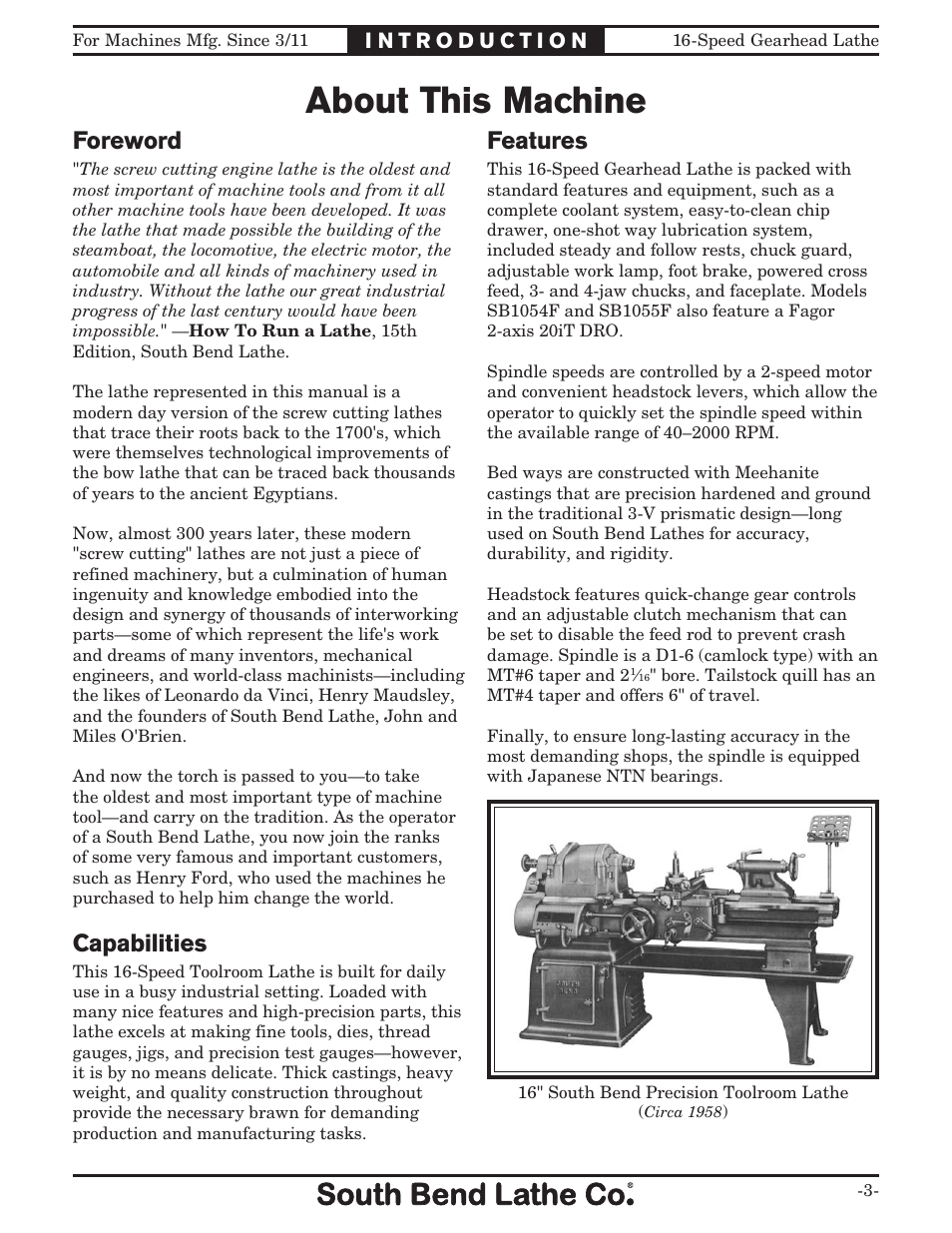 About this machine, Foreword, Features | Capabilities | Southbend South Bend 16 SPEED GEARHEAD LATHE SB1053 User Manual | Page 5 / 136