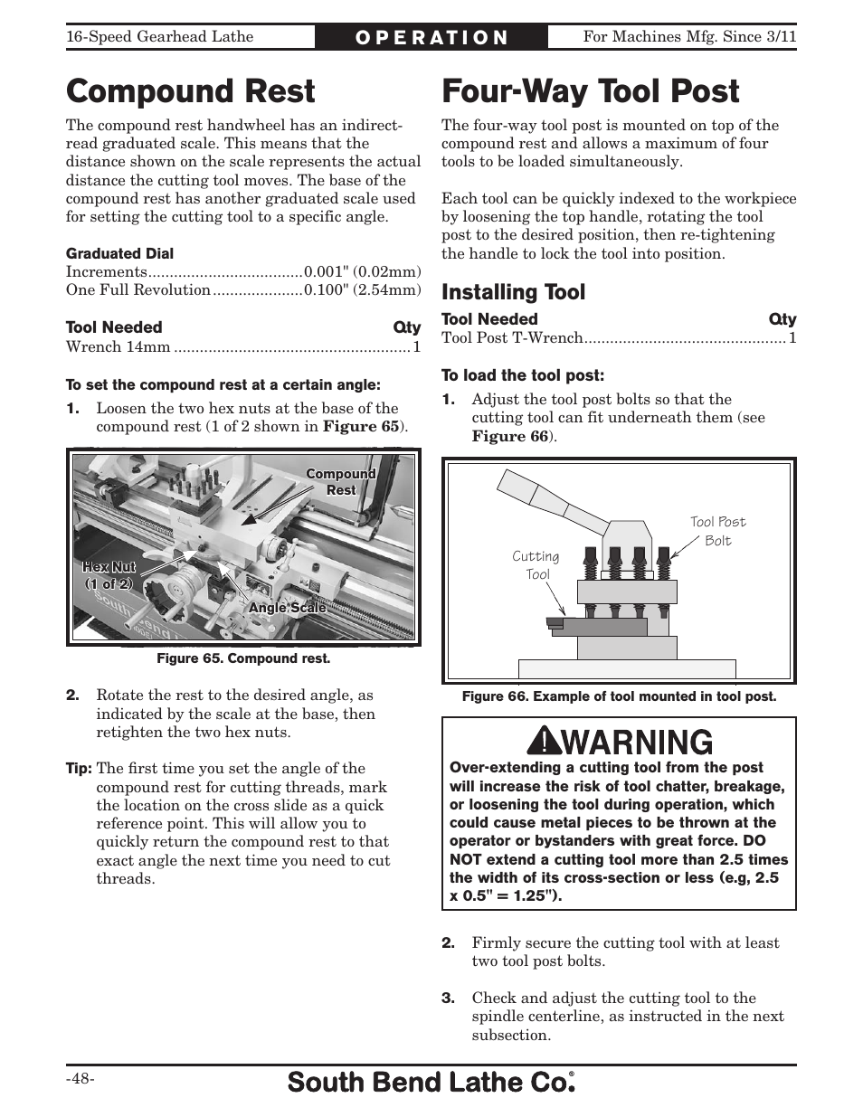 Compound rest, Four-way tool post, Installing tool | Southbend South Bend 16 SPEED GEARHEAD LATHE SB1053 User Manual | Page 50 / 136