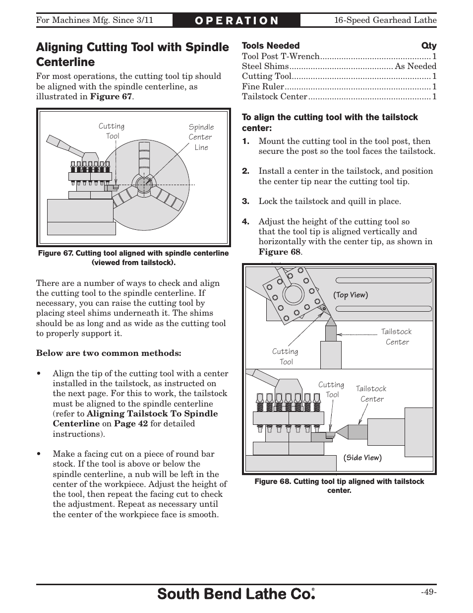 Aligning cutting tool with spindle centerline | Southbend South Bend 16 SPEED GEARHEAD LATHE SB1053 User Manual | Page 51 / 136