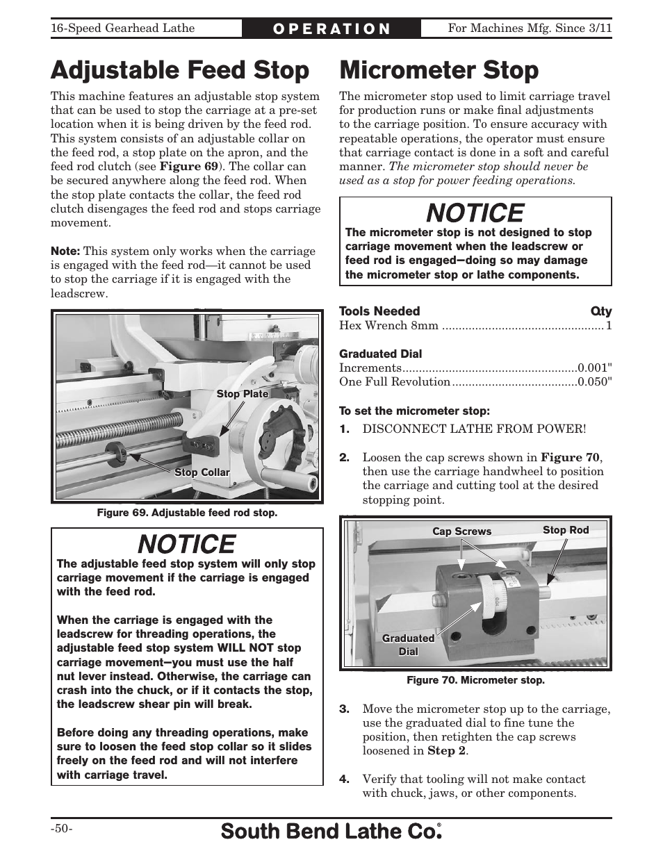 Adjustable feed stop, Micrometer stop | Southbend South Bend 16 SPEED GEARHEAD LATHE SB1053 User Manual | Page 52 / 136