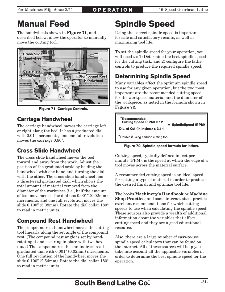 Manual feed, Spindle speed, Carriage handwheel | Cross slide handwheel, Compound rest handwheel, Determining spindle speed | Southbend South Bend 16 SPEED GEARHEAD LATHE SB1053 User Manual | Page 53 / 136