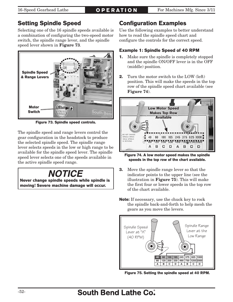 Setting spindle speed, Conﬁguration examples, Example 1: spindle speed of 40 rpm | Southbend South Bend 16 SPEED GEARHEAD LATHE SB1053 User Manual | Page 54 / 136