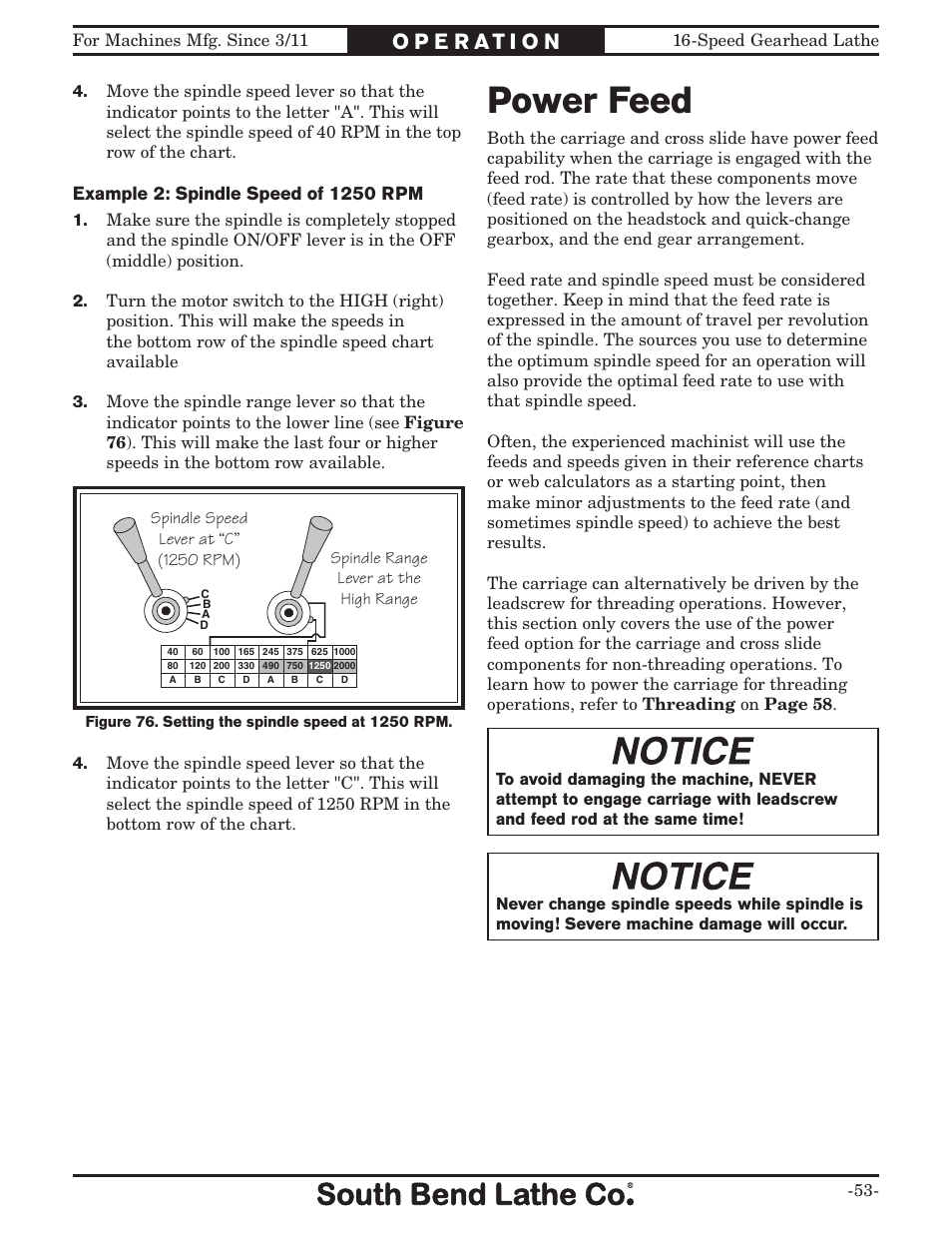 Power feed | Southbend South Bend 16 SPEED GEARHEAD LATHE SB1053 User Manual | Page 55 / 136