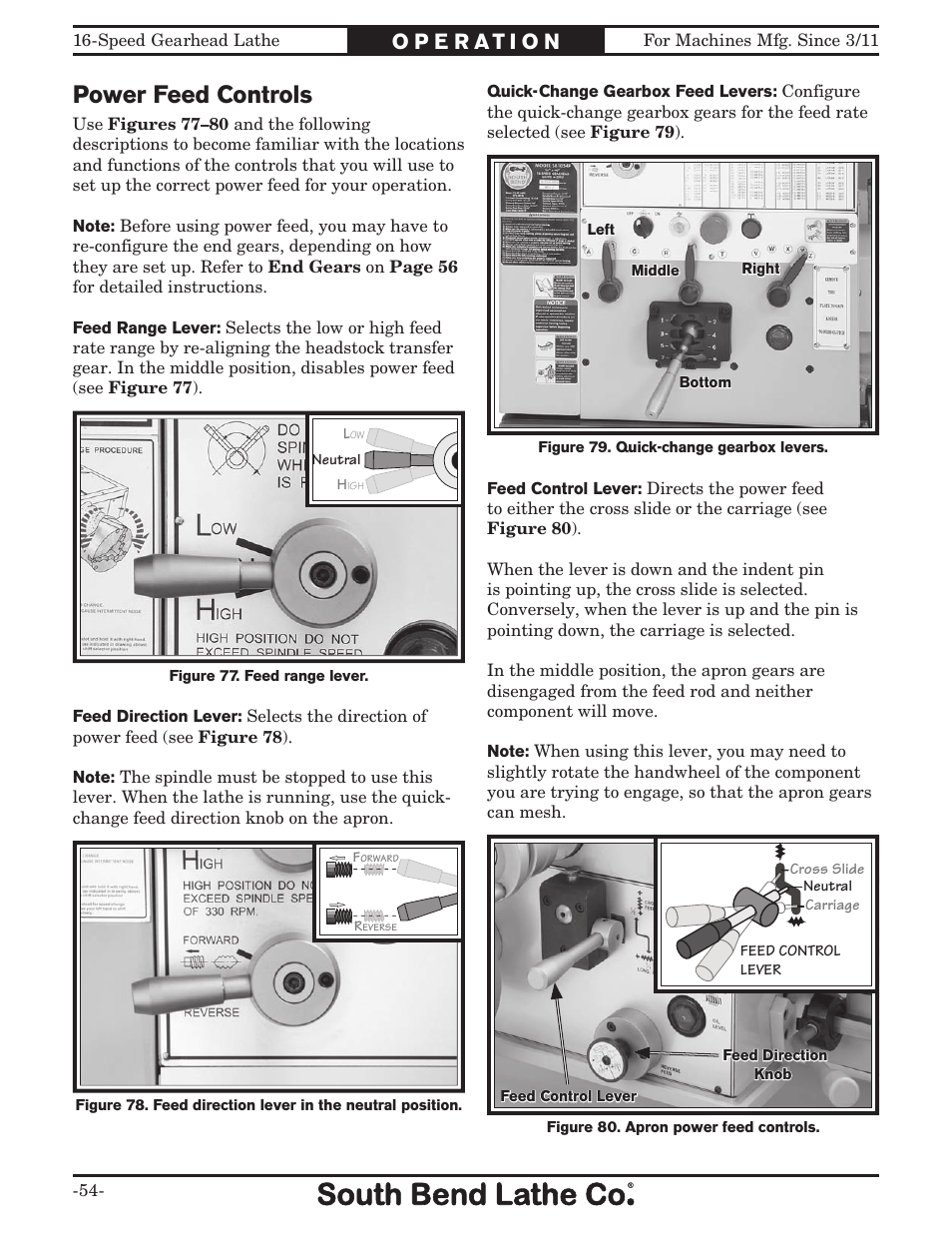 Power feed controls | Southbend South Bend 16 SPEED GEARHEAD LATHE SB1053 User Manual | Page 56 / 136