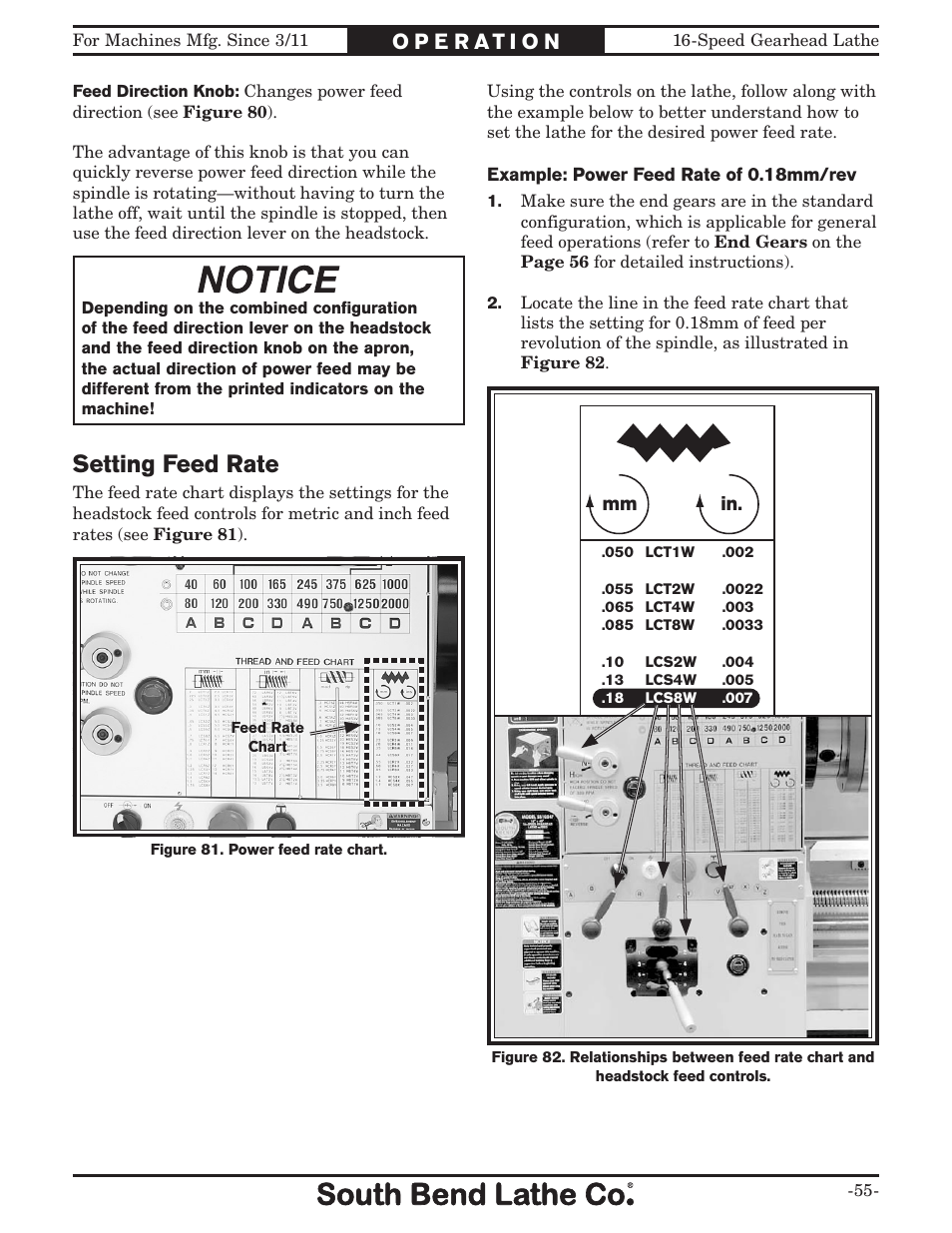 Setting feed rate, Mm in | Southbend South Bend 16 SPEED GEARHEAD LATHE SB1053 User Manual | Page 57 / 136