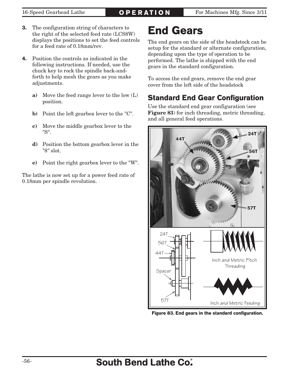 End gears, Standard end gear conﬁguration | Southbend South Bend 16 SPEED GEARHEAD LATHE SB1053 User Manual | Page 58 / 136