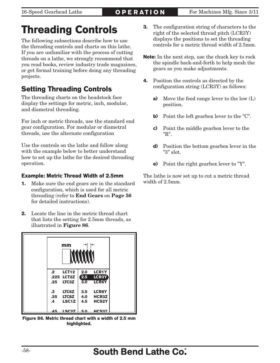 Threading controls, Setting threading controls | Southbend South Bend 16 SPEED GEARHEAD LATHE SB1053 User Manual | Page 60 / 136