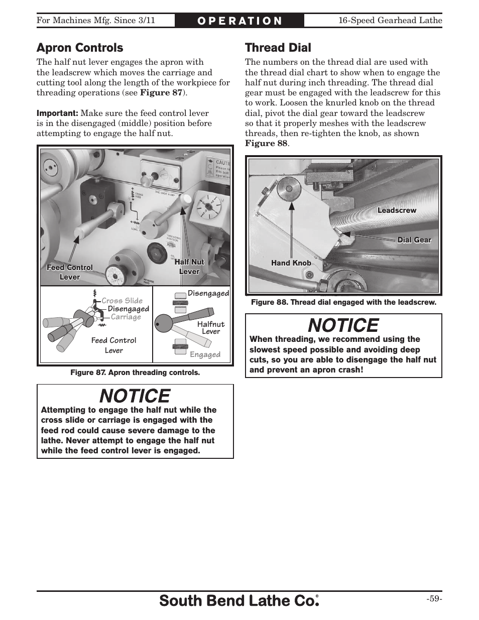 Thread dial, Apron controls | Southbend South Bend 16 SPEED GEARHEAD LATHE SB1053 User Manual | Page 61 / 136