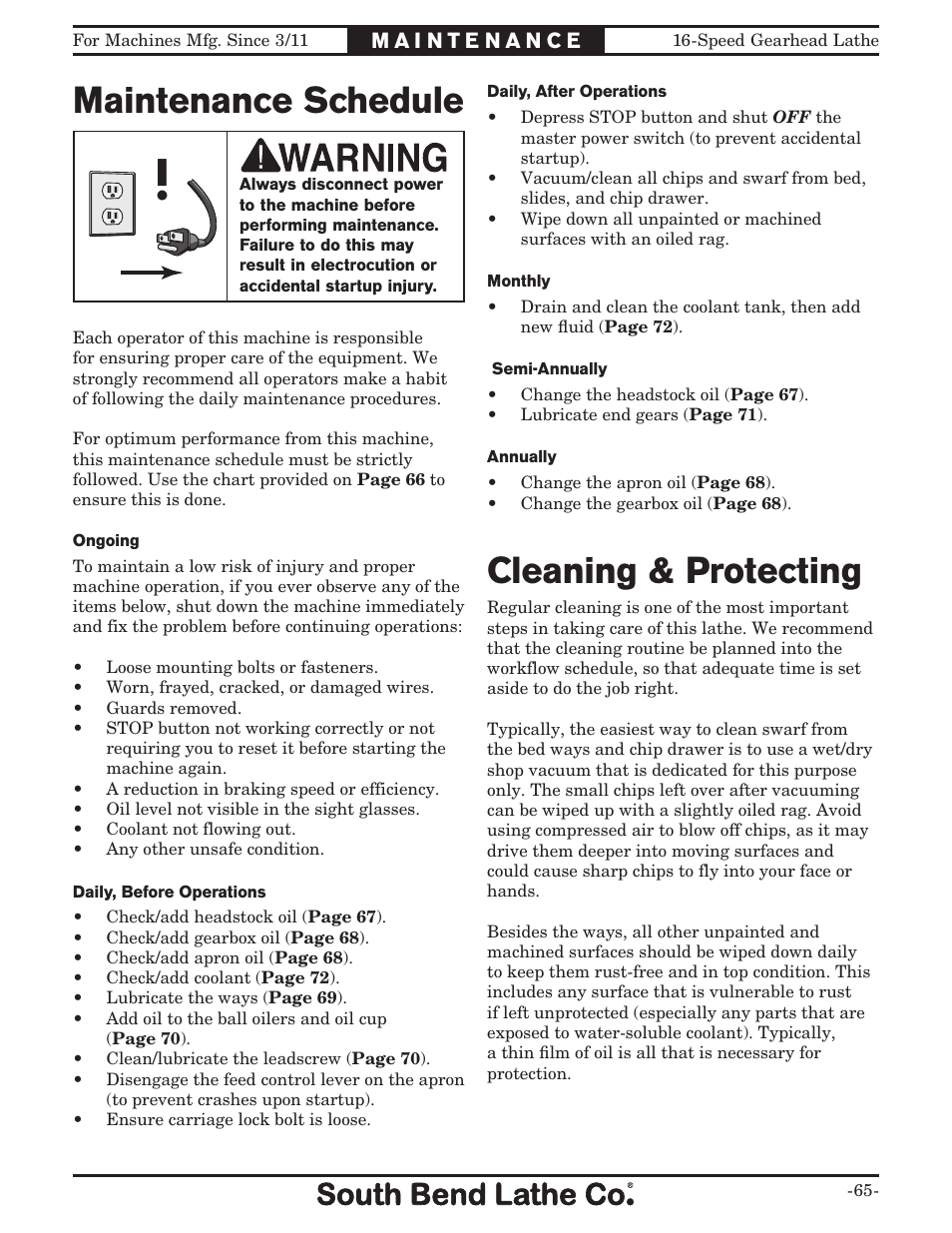 Maintenance schedule cleaning & protecting | Southbend South Bend 16 SPEED GEARHEAD LATHE SB1053 User Manual | Page 67 / 136