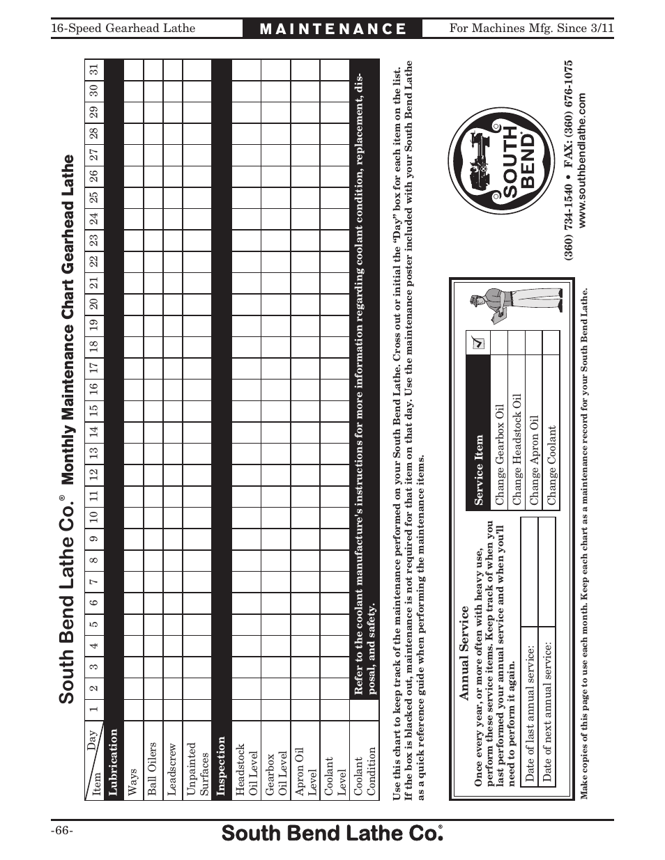 South bend la the co, Maintenance chart, Monthly maintenance char t gearhead l athe | Southbend South Bend 16 SPEED GEARHEAD LATHE SB1053 User Manual | Page 68 / 136