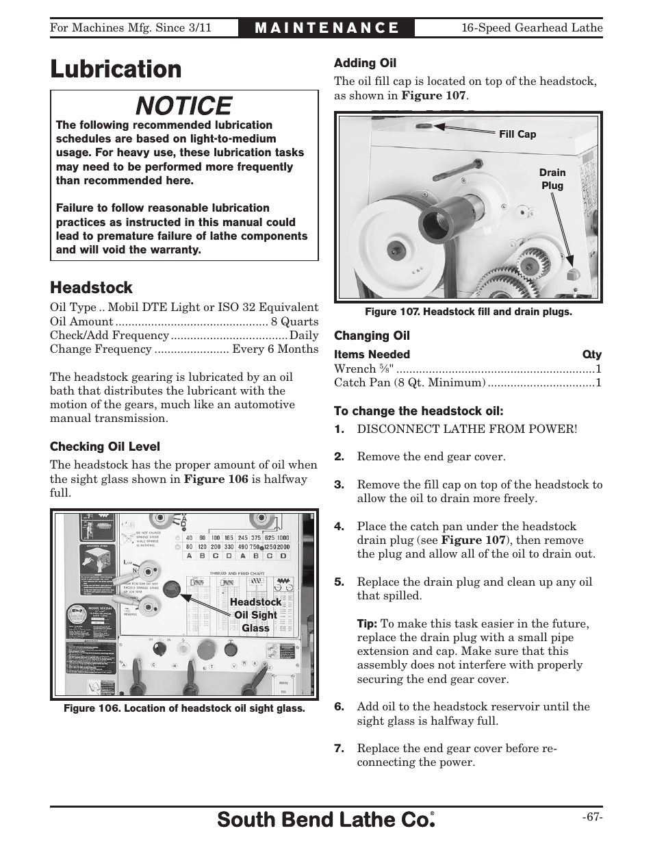 Lubrication, Headstock | Southbend South Bend 16 SPEED GEARHEAD LATHE SB1053 User Manual | Page 69 / 136