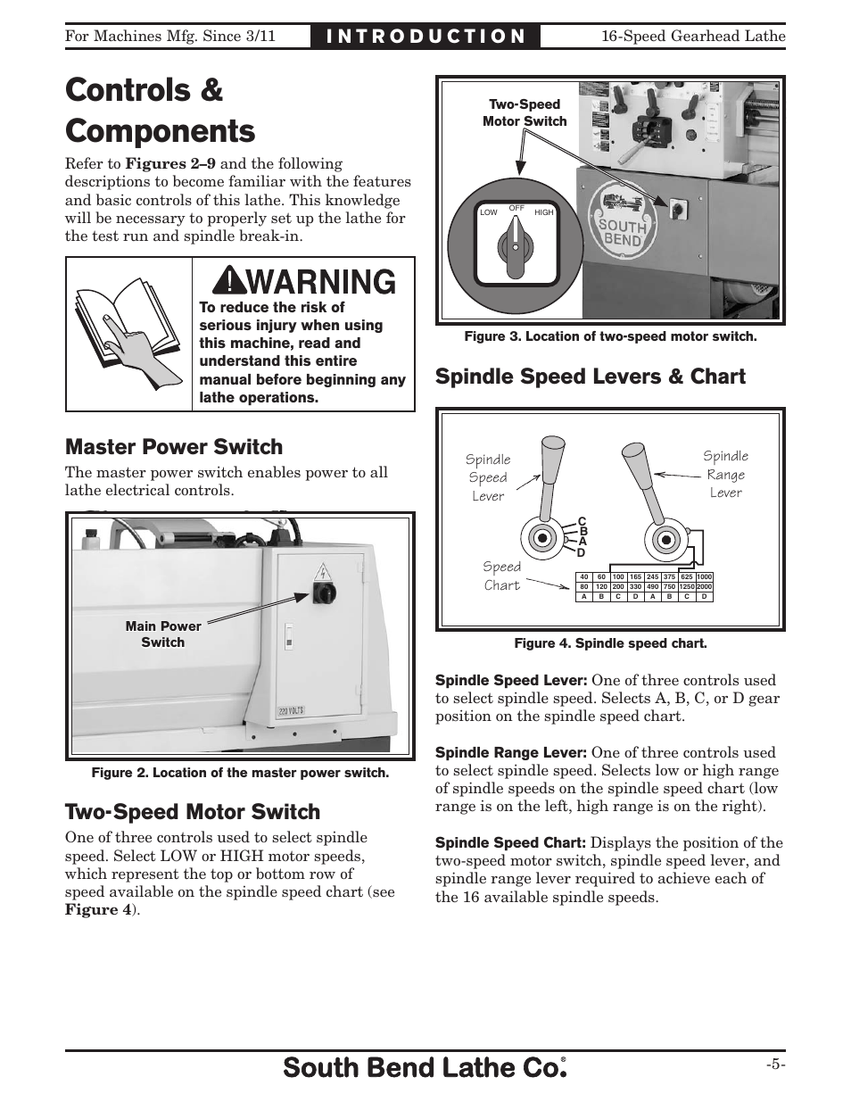 Controls & components, Two-speed motor switch, Master power switch | Spindle speed levers & chart | Southbend South Bend 16 SPEED GEARHEAD LATHE SB1053 User Manual | Page 7 / 136