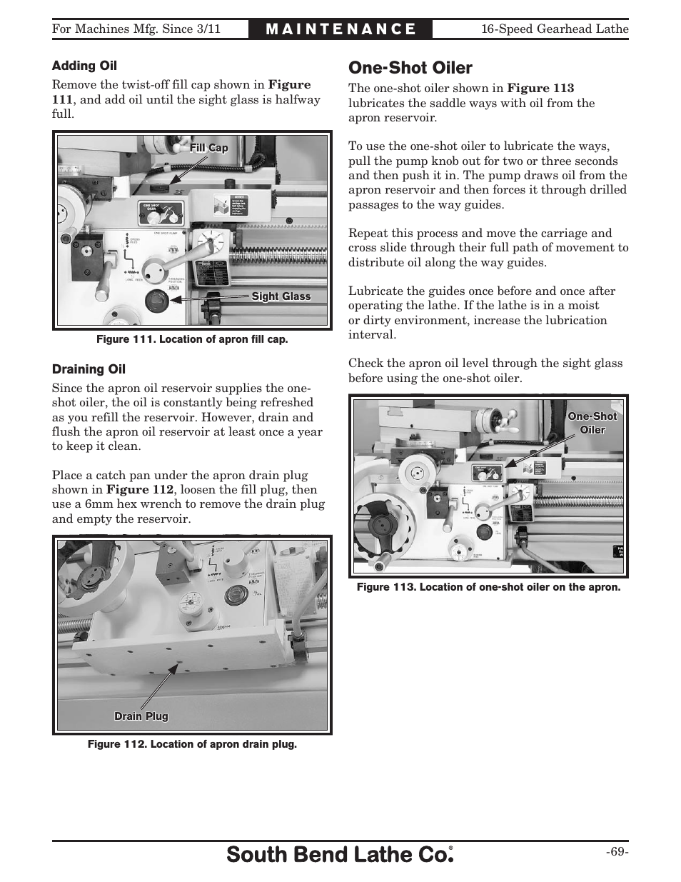 One-shot oiler | Southbend South Bend 16 SPEED GEARHEAD LATHE SB1053 User Manual | Page 71 / 136