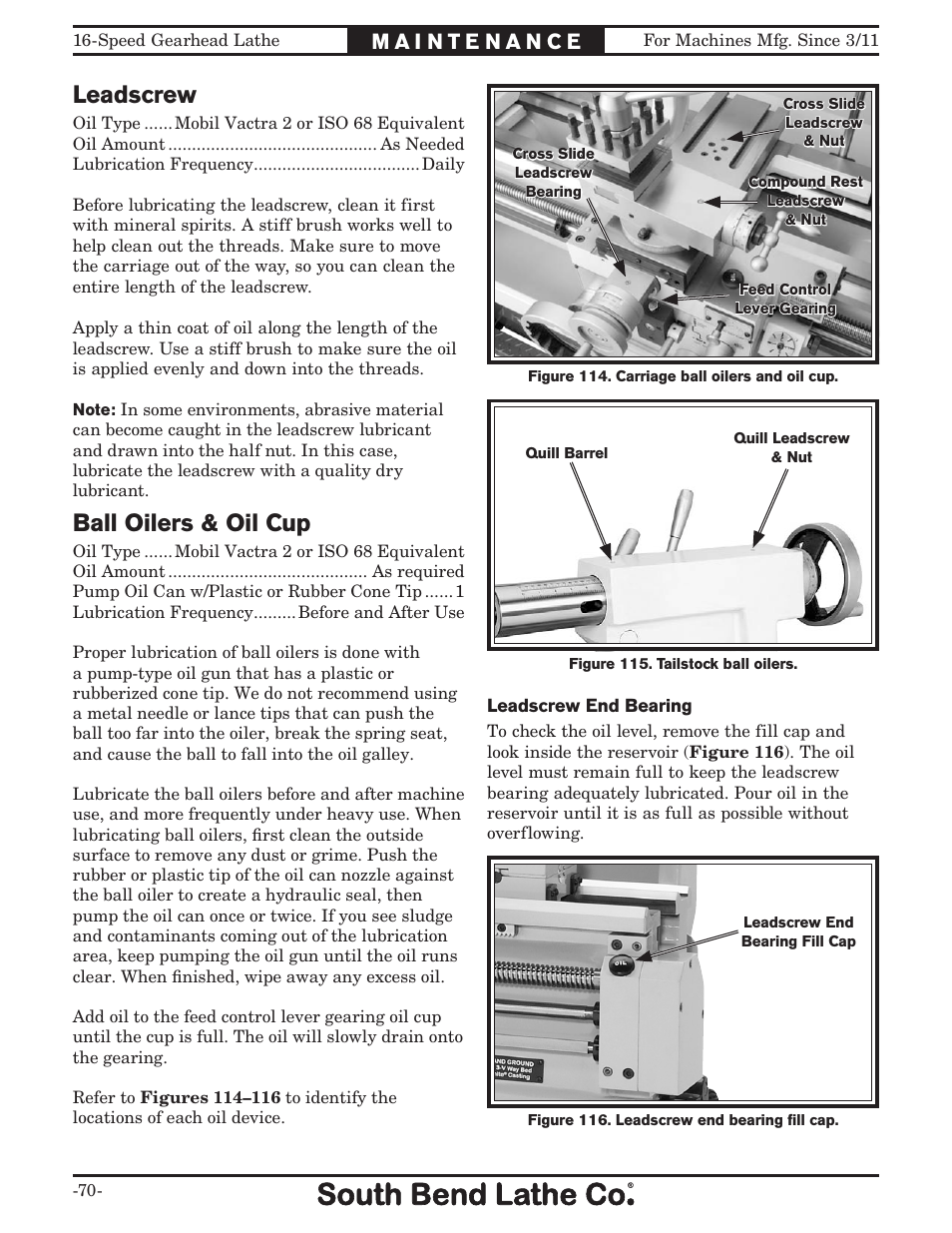 Leadscrew, Ball oilers & oil cup | Southbend South Bend 16 SPEED GEARHEAD LATHE SB1053 User Manual | Page 72 / 136