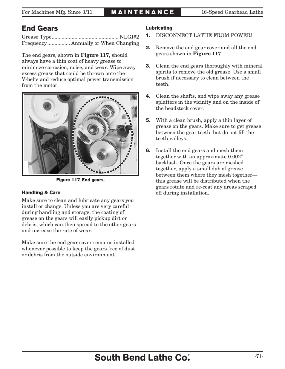 End gears | Southbend South Bend 16 SPEED GEARHEAD LATHE SB1053 User Manual | Page 73 / 136