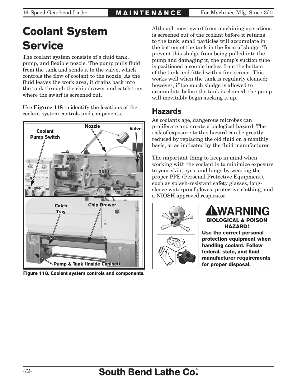 Coolant system service, Hazards | Southbend South Bend 16 SPEED GEARHEAD LATHE SB1053 User Manual | Page 74 / 136